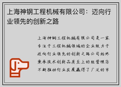 上海神钢工程机械有限公司：迈向行业领先的创新之路