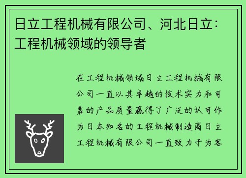 日立工程机械有限公司、河北日立：工程机械领域的领导者