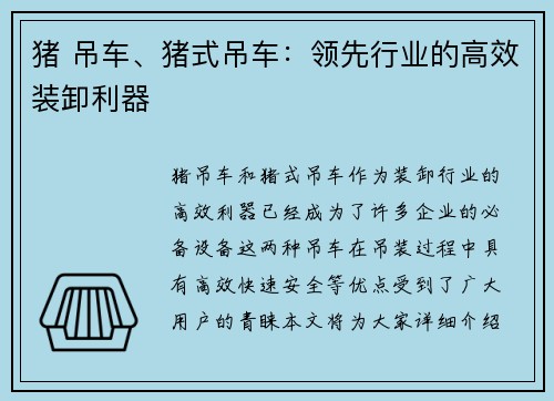 猪 吊车、猪式吊车：领先行业的高效装卸利器